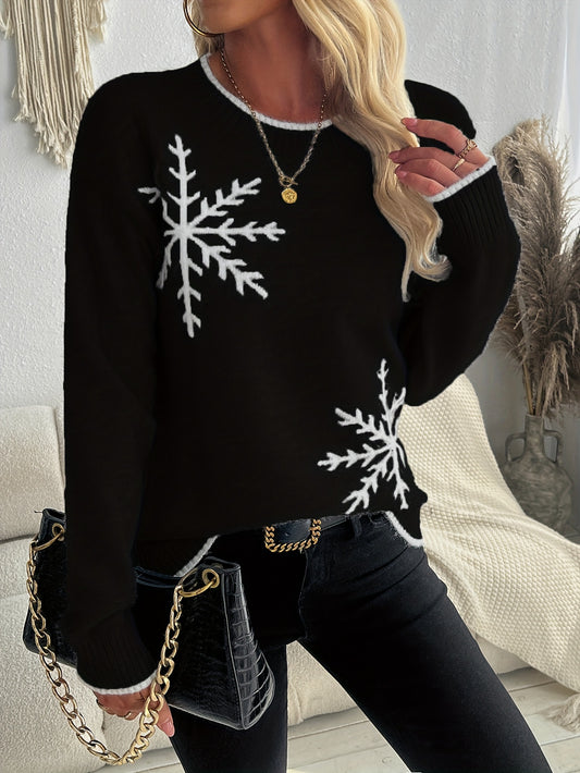 Snowflake Pattern Crew Neck Sweater, Elegant Long Sleeve Sweater For Fall & Winter, Women's Clothing