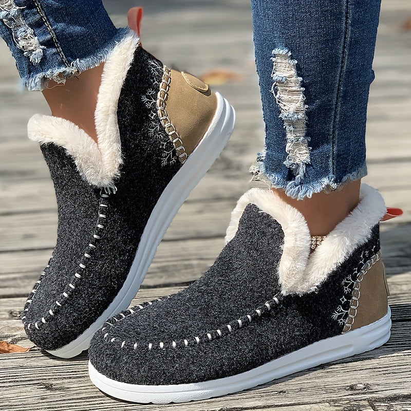 Women's Winter Plush Lined Flat Shoes, Thermal Round Toe Slip On Shoes, Keep Warm Outdoor Walking Shoes