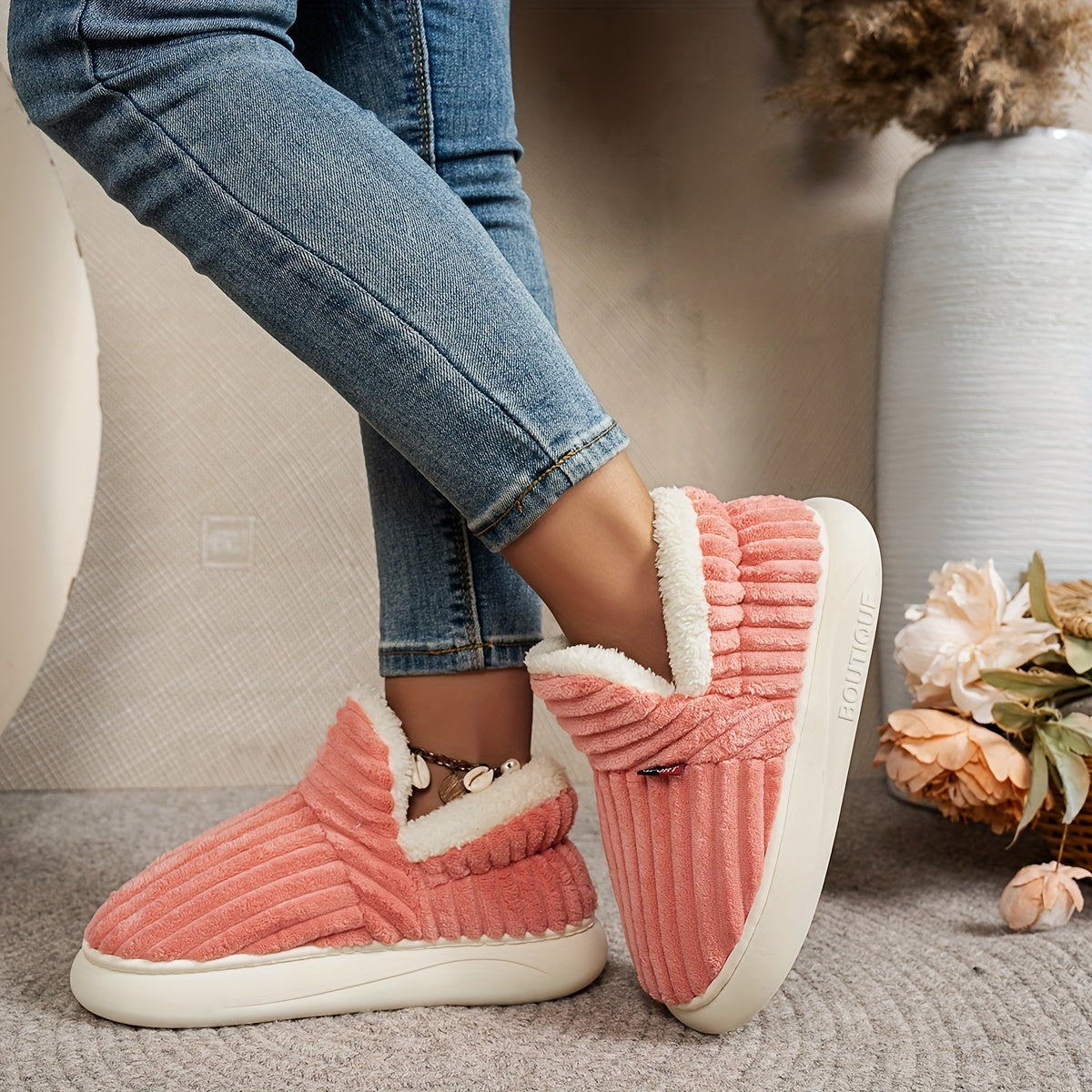 Thermal Solid Color Winter Slippers, Super Soft Slip On Flatform House Shoes, Cozy & Warm Plush Floor Slippers