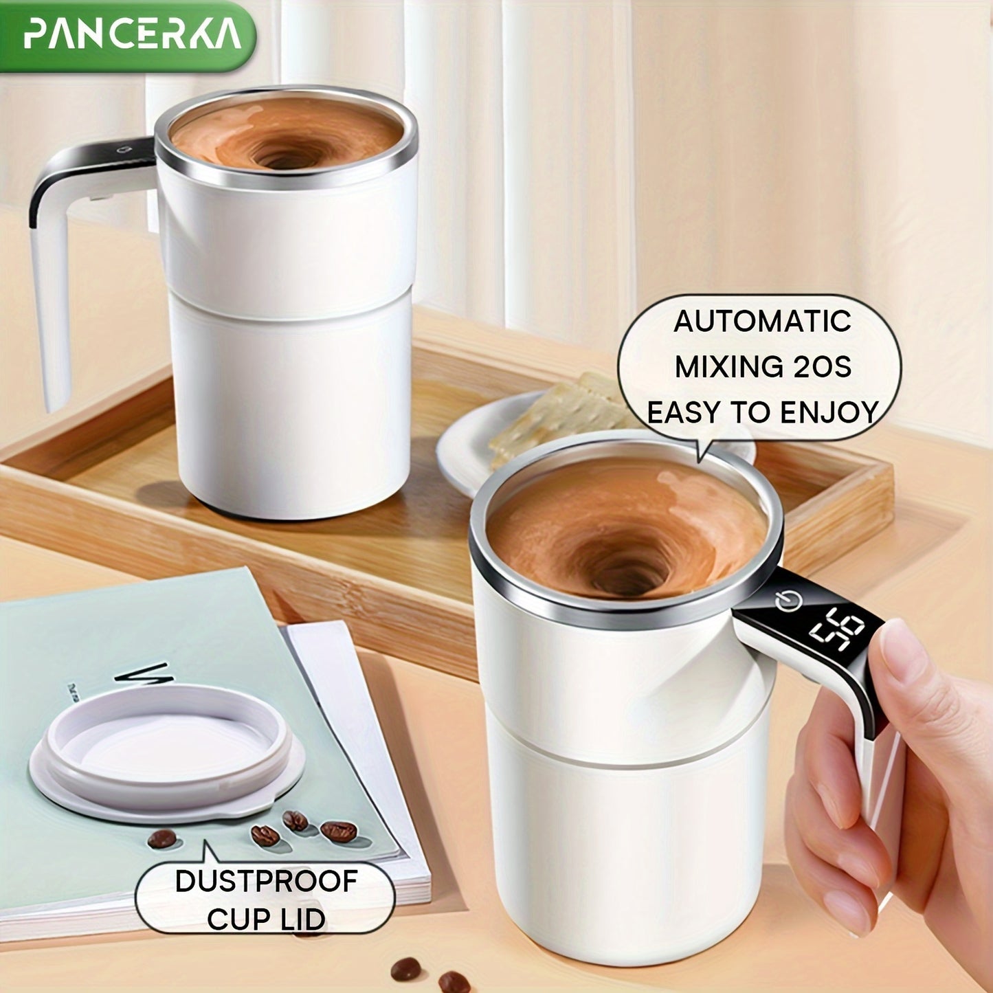 PANCERKA Rechargeable Self-Stirring Coffee Mug with Temperature Display - USB Charging,