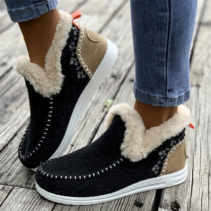 Women's Winter Plush Lined Flat Shoes, Thermal Round Toe Slip On Shoes, Keep Warm Outdoor Walking Shoes