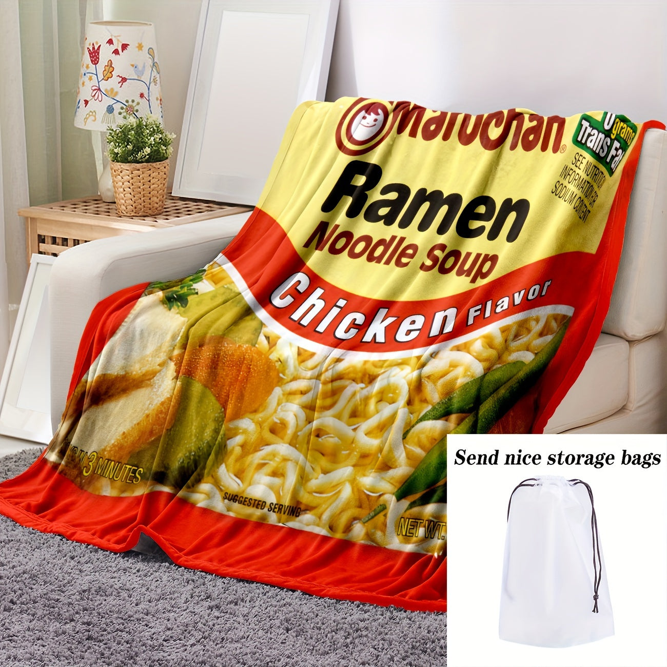 Maruchan Chicken Flavor Ramen Noodle Soup Graphic Blanket - Soft Comfortable Flannel Fleece, All-Season Chunky Knit Polyester Throw for Camping, Office Nap, Dorm Room, Gift - Machine Washable