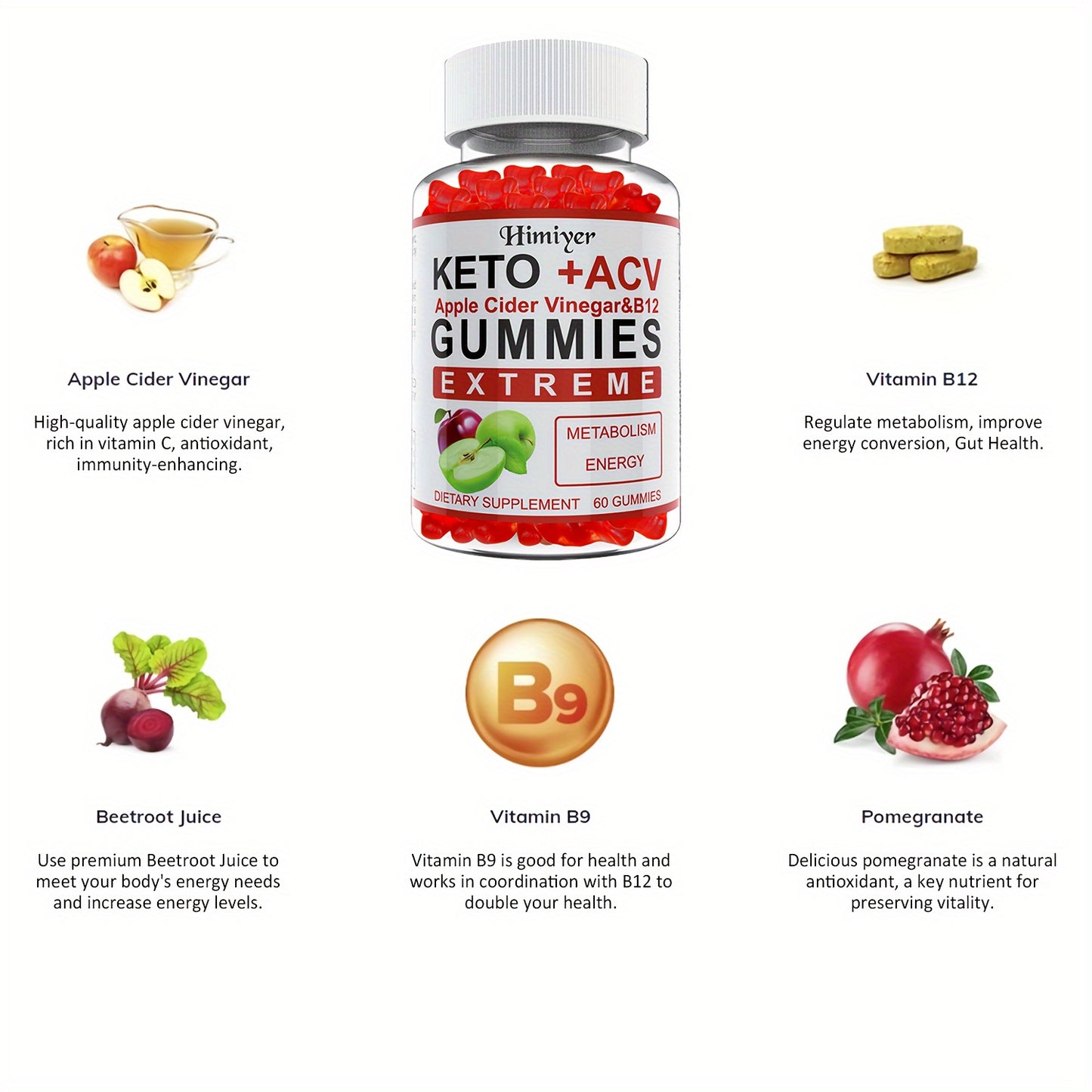 Keto Gummies-Apple Cider Vinegar Formulated With Pomegranate Beet Juice Powder B12 Vegan 60 Gummys,