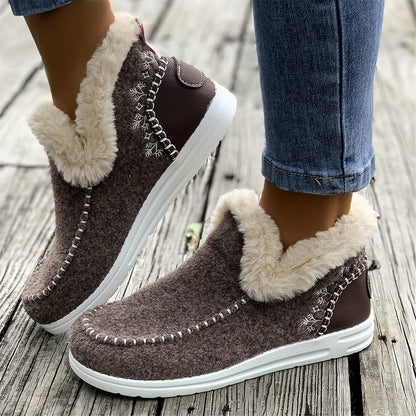 Women's Winter Plush Lined Flat Shoes, Thermal Round Toe Slip On Shoes, Keep Warm Outdoor Walking Shoes