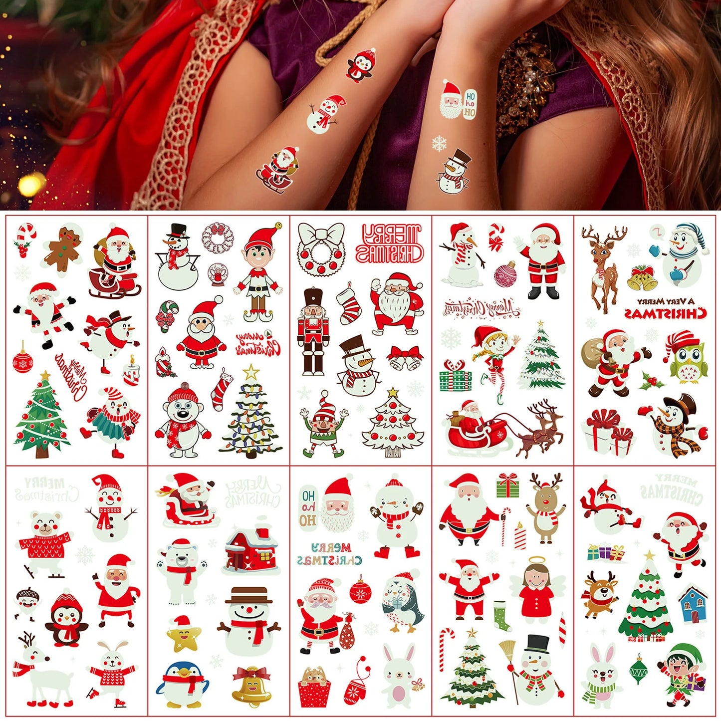 10 Sheets Christmas Luminous Tattoo Stickers,Cartoon Snowman Christmas Patterns,Glow In The Dark Waterproof Temporary Tattoos