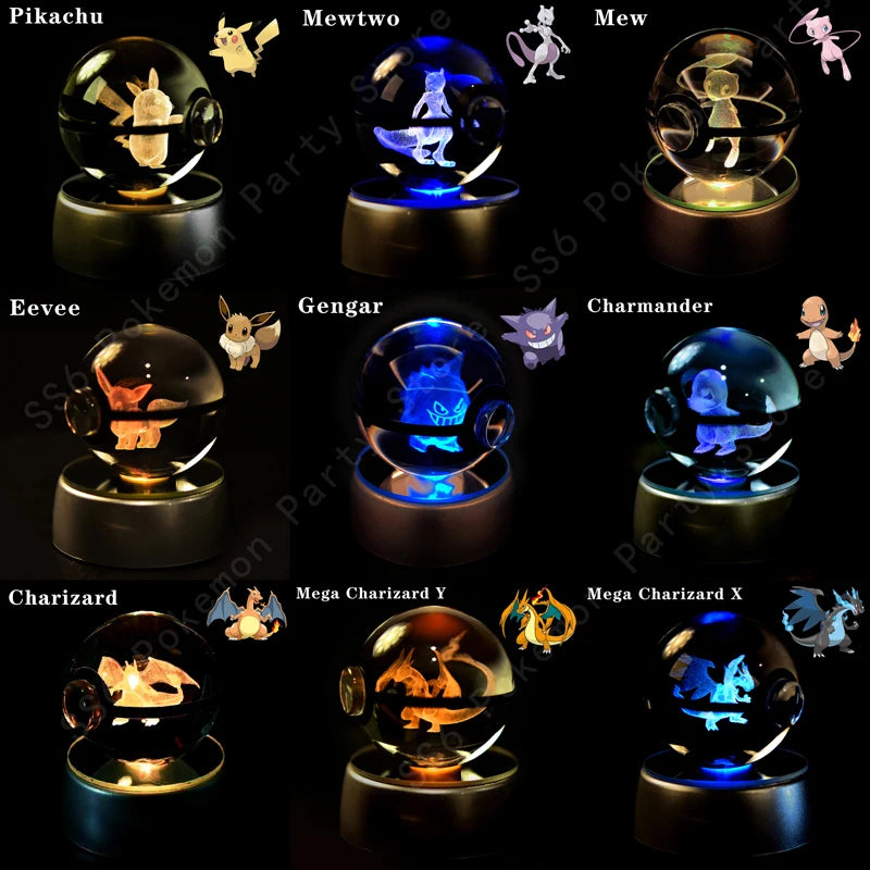 Pokemon Crystal Ball 3D Pikachu Gengar Mew Mewtwo Lamp Base Pokeball Crystal Pokemon Glass Ball Figure Night Light