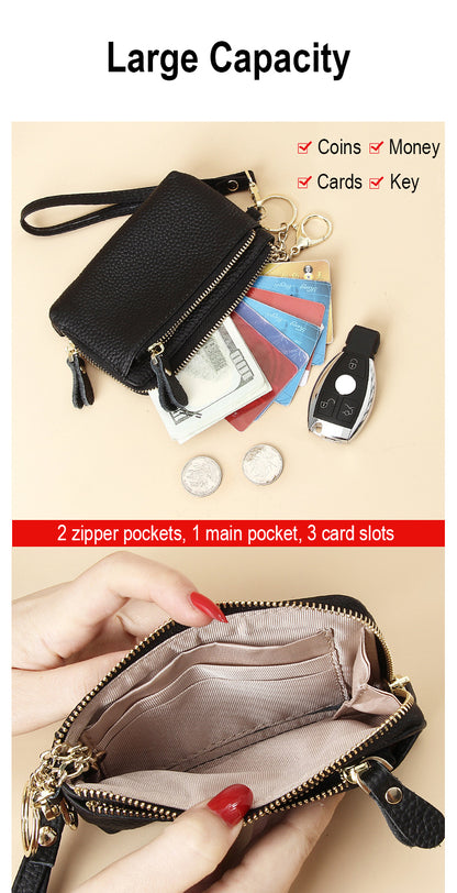 Royal Bagger Fashion Short Wallet for Women Genuine Cow Leather Cute Clutch Bag Zipper Coin Purse Card Holder with Key Chain