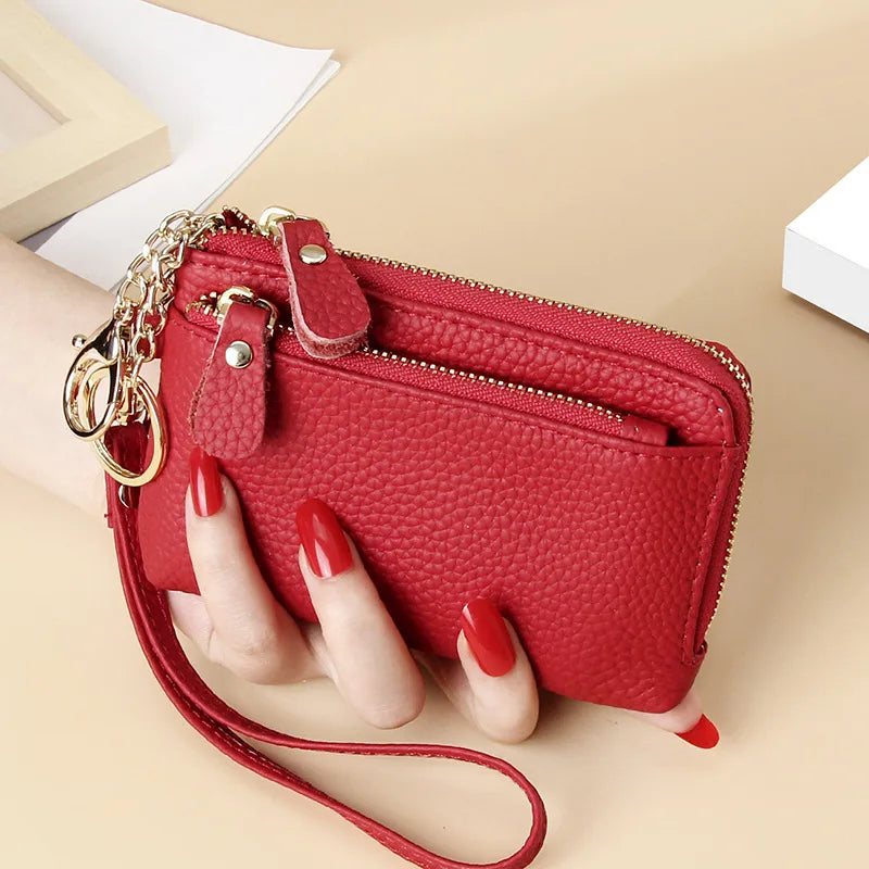 Royal Bagger Fashion Short Wallet for Women Genuine Cow Leather Cute Clutch Bag Zipper Coin Purse Card Holder with Key Chain