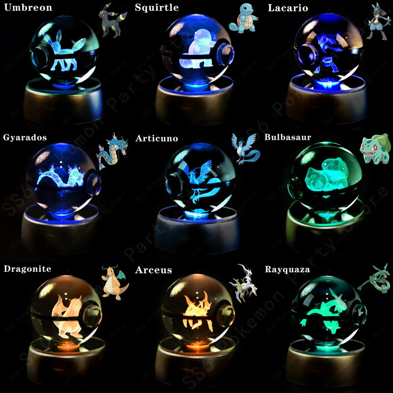 Pokemon Crystal Ball 3D Pikachu Gengar Mew Mewtwo Lamp Base Pokeball Crystal Pokemon Glass Ball Figure Night Light