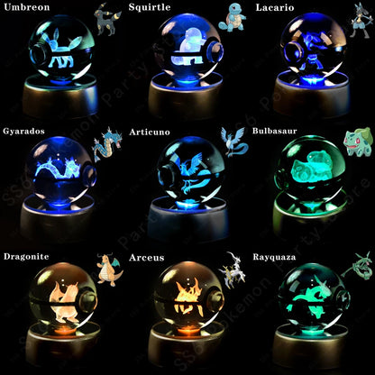 Pokemon Crystal Ball 3D Pikachu Gengar Mew Mewtwo Lamp Base Pokeball Crystal Pokemon Glass Ball Figure Night Light