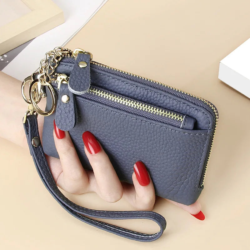 Royal Bagger Fashion Short Wallet for Women Genuine Cow Leather Cute Clutch Bag Zipper Coin Purse Card Holder with Key Chain