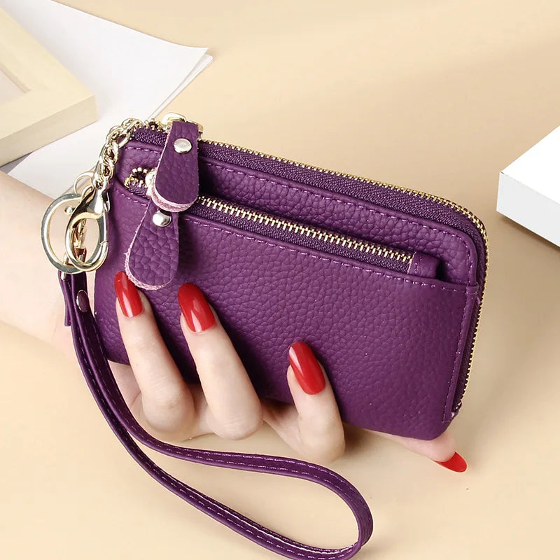 Royal Bagger Fashion Short Wallet for Women Genuine Cow Leather Cute Clutch Bag Zipper Coin Purse Card Holder with Key Chain