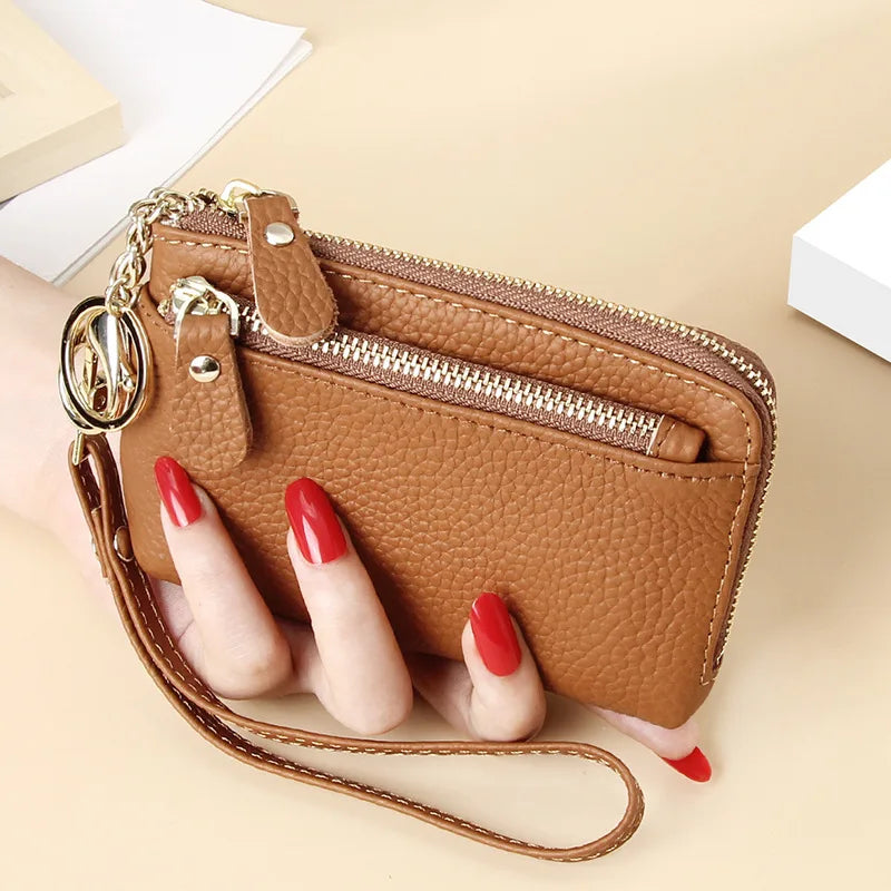 Royal Bagger Fashion Short Wallet for Women Genuine Cow Leather Cute Clutch Bag Zipper Coin Purse Card Holder with Key Chain