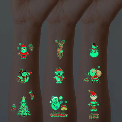 10 Sheets Christmas Luminous Tattoo Stickers,Cartoon Snowman Christmas Patterns,Glow In The Dark Waterproof Temporary Tattoos