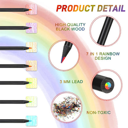 10 Pcs Colored Black Wood Pencils, 7 in 1 Rainbow Drawing Pencil. for Sketching, Doodling, Coloring, Painting