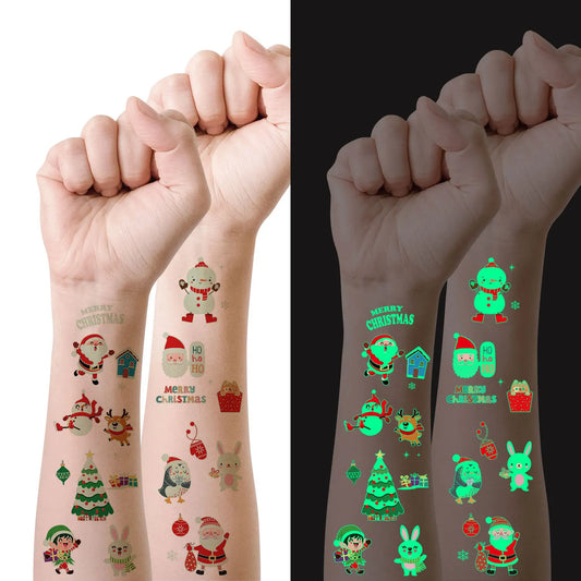 10 Sheets Christmas Luminous Tattoo Stickers,Cartoon Snowman Christmas Patterns,Glow In The Dark Waterproof Temporary Tattoos