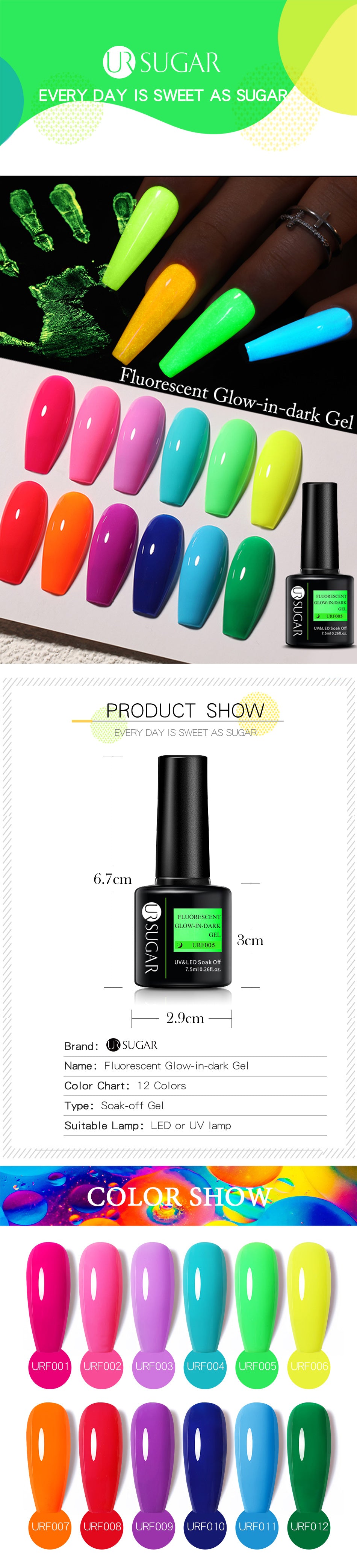 UR SUGAR Green Fluorescent Glow-in-dark Gel Nail Polish Neon UV LED Nails Gel Soak Off Gel Varnish Luminous Nail Art Gel