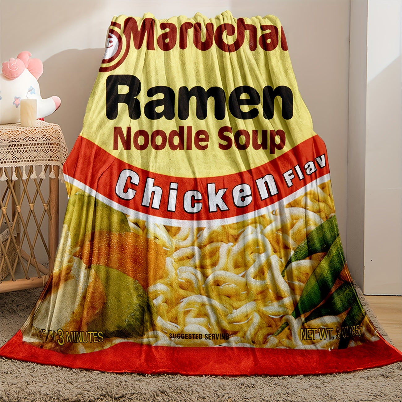 Maruchan Chicken Flavor Ramen Noodle Soup Graphic Blanket - Soft Comfortable Flannel Fleece, All-Season Chunky Knit Polyester Throw for Camping, Office Nap, Dorm Room, Gift - Machine Washable