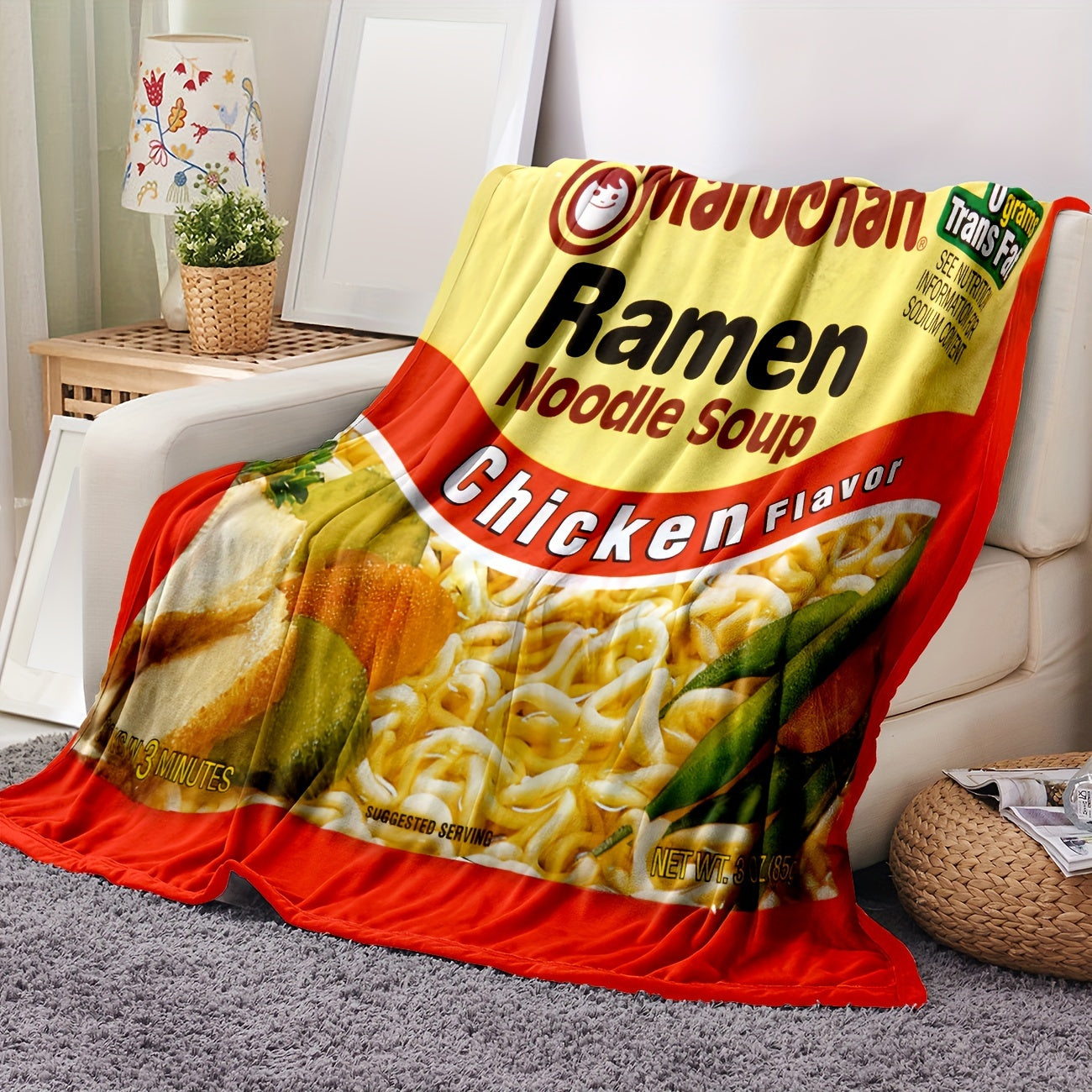 Maruchan Chicken Flavor Ramen Noodle Soup Graphic Blanket - Soft Comfortable Flannel Fleece, All-Season Chunky Knit Polyester Throw for Camping, Office Nap, Dorm Room, Gift - Machine Washable