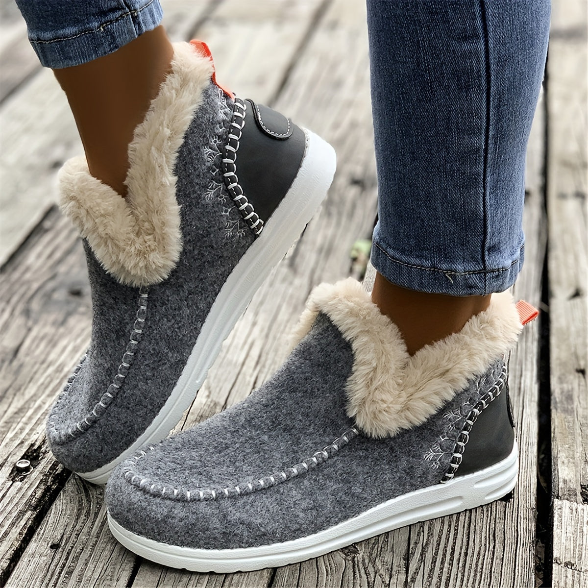 Women's Winter Plush Lined Flat Shoes, Thermal Round Toe Slip On Shoes, Keep Warm Outdoor Walking Shoes